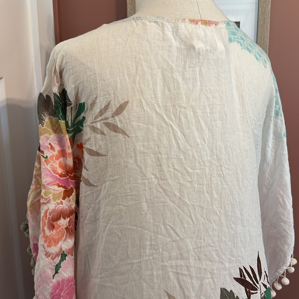 Z&L Floral Print Pom Poms cotton tassel drop waist lace up OS Kaftan Cover-Up - Picture 11 of 16